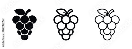 Grapes icon set. Vector bunch of grapes symbol in glyph and line art style on white background.