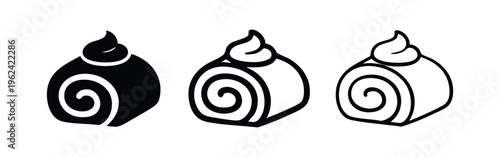 Swiss roll cake with cream topping icon set. Vector dessert symbol in glyph and line art style on white background.