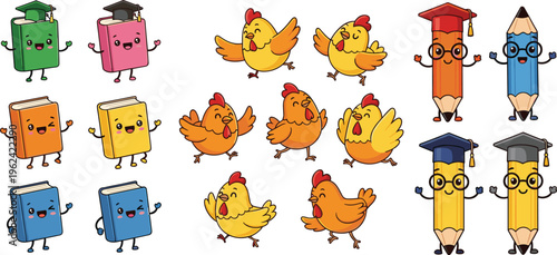 Charming Kawaii School and Education Characters Set with Books, Chickens, Pencils, and Graduation Caps for Fun Learning Designs