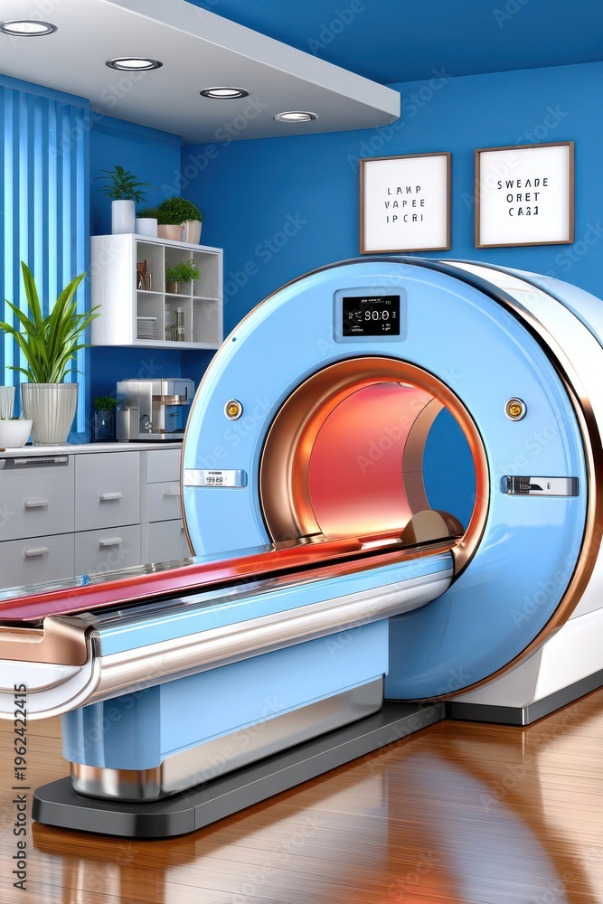 Fototapeta premium Modern MRI machine in a bright medical imaging room with blue design and patient bed