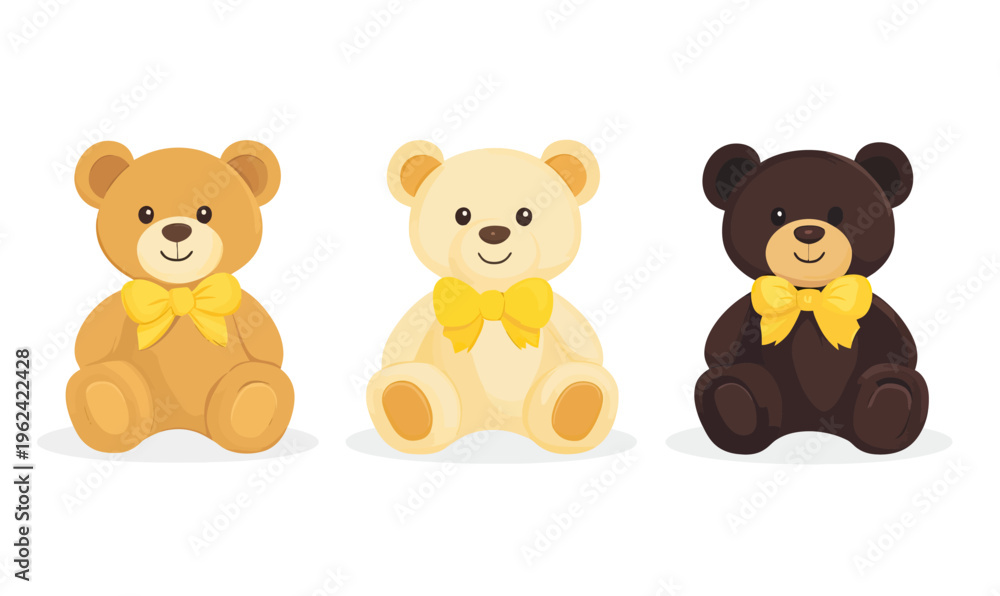 Fototapeta premium Set of three cute teddy bears with yellow bows sitting facing forward in different brown shades in flat minimalist vector style illustration for kids or toys concept