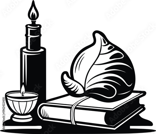 Black and White Still Life Illustration with Book, Candles, and Cabbage