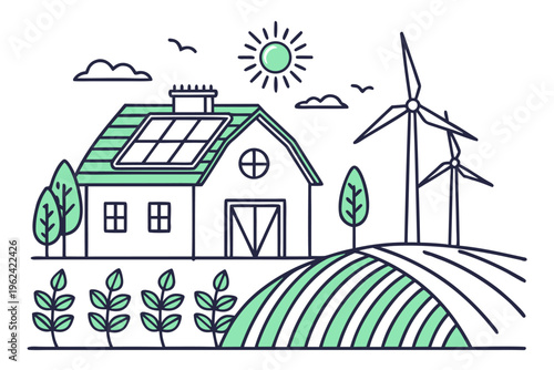 Sustainable farming with solar panels, wind turbines, and green crops under sunny sky