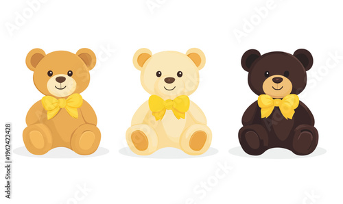 Set of three cute teddy bears with yellow bows sitting facing forward in different brown shades in flat minimalist vector style illustration for kids or toys concept