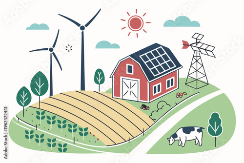 Sustainable farming system with wind turbines, solar panels, and livestock in a rural landscape