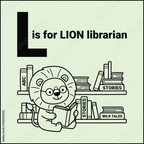 A lion wearing glasses sitting and reading a book in front of bookshelves with various books labeled stories and wild tales alphabetically  educational illustration