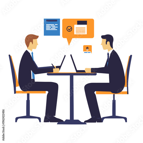 Two business men sitting at office table with laptops and documents discussing professional communication and teamwork in flat vector style