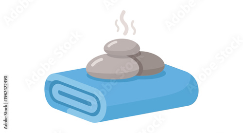 Rolled blue towel with hot stones on top in minimalist style for spa therapy