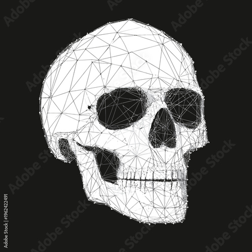 Low poly human skull wireframe mesh with geometric polygonal lines and points on dark background, 3d wire structure anatomy concept illustration for science and medicine design