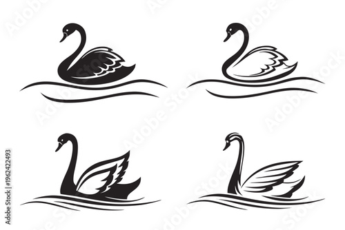 Elegant black swans gliding on water, minimalist icon set, serene and graceful
