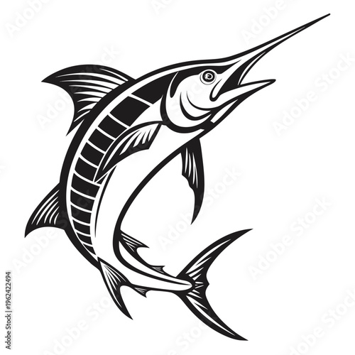 Majestic swordfish illustration with intricate details, leaping dynamically on white background