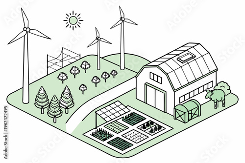 Sustainable farming illustration with wind turbines, solar panels, and greenhouse