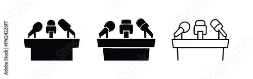 Set of press conference podium with microphones icons, symbolizing public speaking and media events.