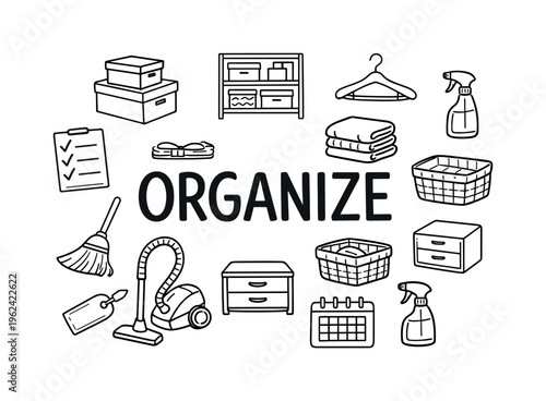 Home organization and decluttering lifestyle concept centered on creating tidy spaces, efficient storage, and stress-free living environments. ORGANIZE title with surrounding