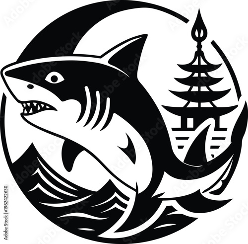 Japanese Shark and Pagoda Emblem Illustration