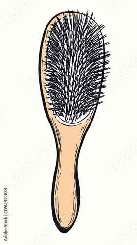 Detailed vector illustration of a wooden hairbrush with dense black bristles in a flat minimalist style for grooming and hair care essentials