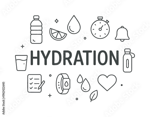 Healthy hydration and daily water intake concept centered on maintaining proper hydration, supporting body functions, and promoting overall wellness habits. HYDRATION title with