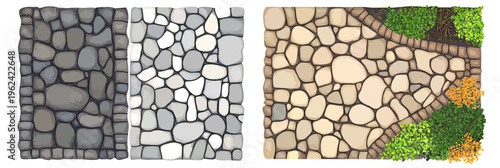 Flat minimalist vector illustration of cobblestone tile road pavement in dark, light and beige color with green and orange plants, garden pathway, sidewalk design, texture pattern background