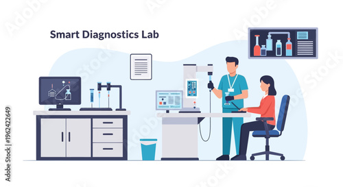 Modern Smart Diagnostics Lab with Scientists and Advanced Medical Technology Illustration