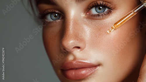 A closeup of a smiling model with natural skin and glamour makeup highlights her beauty and elegance for a fashion cosmetics portrait