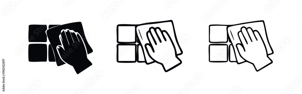 Obraz premium Hand wiping or cleaning tiled surface icon set. Housekeeping and hygiene for bathrooms or kitchens.