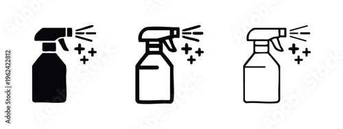 Cleaning Spray Bottle Icon Set. Disinfectant and Sanitizer Symbol with Spray and Plus Signs.