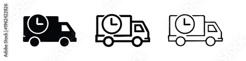 Fast Delivery Truck with Clock Icons Set. Express Shipping and On-Time Service Symbols.
