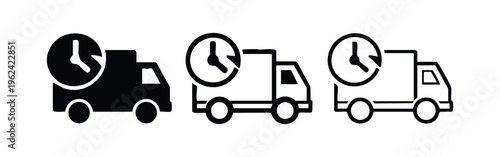 Express Delivery Truck with Clock Icons Set. Fast Shipping Service and Timely Logistics Van Symbols.