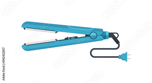 Teal hair straightener with black cord and plug in bright lighting for beauty product