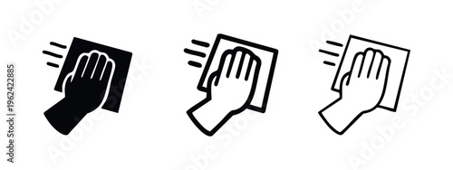Hand wiping a surface with motion lines icon set. Cleaning and sanitization in progress symbol.
