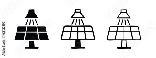 Solar panel system with overhead light source icon set. Renewable energy and sustainable power generation concept.