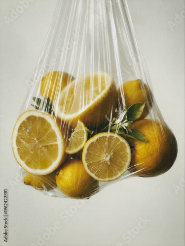 Fresh lemons and citrus slices in a transparent plastic bag on isolated background