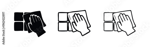 Hand wiping or cleaning tiled surface icon set. Housekeeping and hygiene for bathrooms or kitchens.