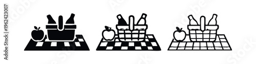 Picnic Icon Set with Beverage Basket and Apple on Checkered Blanket.