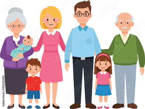 Happy Family Members Standing Together Parents Kids Grandparents Cartoon Vector Illustration