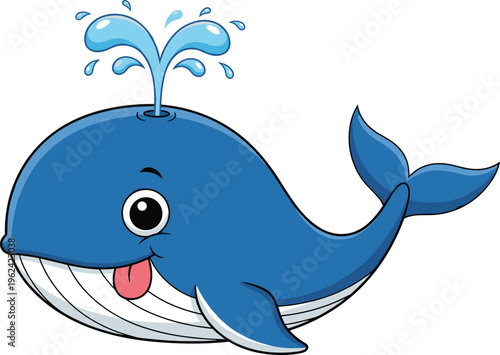 Cartoon blue whale spouting water, playful ocean animal mascot illustration, friendly marine character design, colorful vector artwork for children’s books