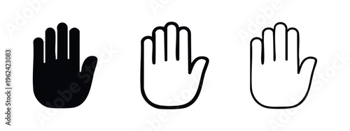 Stop hand gesture icons set. Warning palm symbol in flat black, thick outline, and thin line styles.