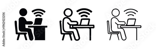 Person Working on Laptop with WiFi Connection Icon Set - Remote Work Concept Vector
