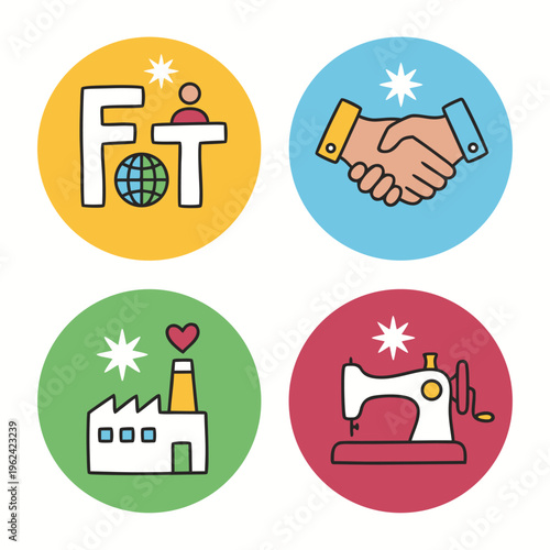 Fair Trade Icons Representing Global Commerce and Production.