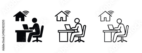 Work From Home and Remote Office with Laptop Icon Set - House and Wifi Signal Vector