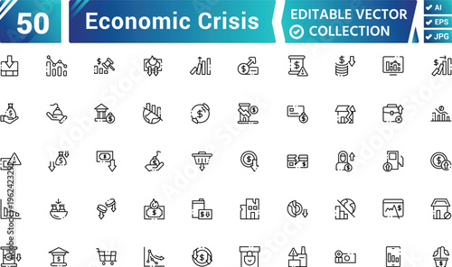Economic Crisis Line Art Icon Set – Inflation, Recession, Financial Problems Outline Icons