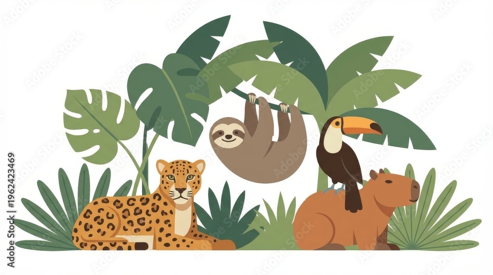 Fototapeta premium Tropical jungle animals illustration.