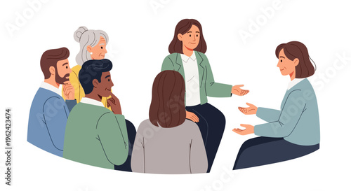 Diverse Group Discussion or Therapy Session: People Collaborating & Communicating in a Meeting