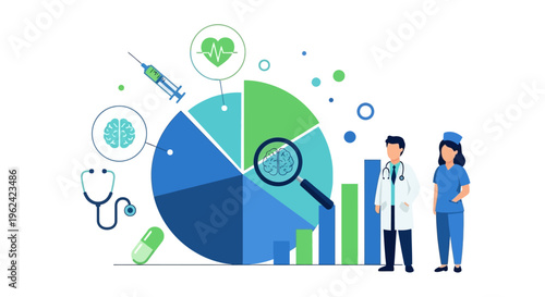 Healthcare Data Analysis and Medical Research Illustration with Doctor, Nurse, and Health Statistics