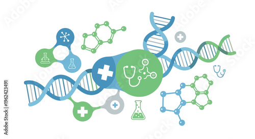 Abstract Healthcare and Science Concept: DNA, Molecules & Medical Research Vector Illustration