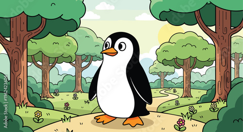 A cartoon penguin stands on a path in a whimsical forest. Trees with leafy green crowns and brown trunks surround the path, while colorful flowers bloom in the grass