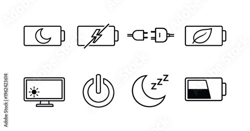 Battery sleep mode: battery icon with moon, low power symbol, charging cable unplugged, energy saving leaf, dim screen, power button, sleep zzz symbol, half filled battery