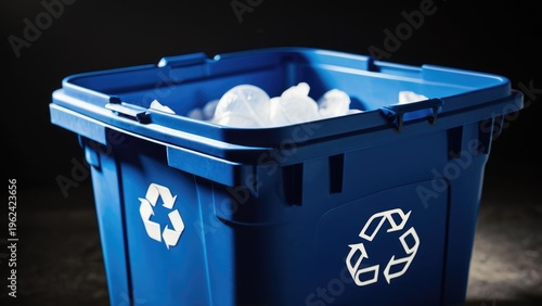 A close-up of a blue recycling bin with a recognizable recycling logo, ideal for environmental and sustainability-themed projects