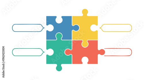 Vibrant four-piece puzzle infographic symbolizing business solutions, teamwork, collaboration, and strategic problem-solving with adaptable text areas for presentation