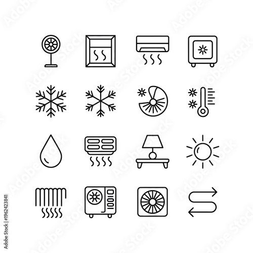 Collection of climate control icons featuring fans, air conditioners, snowflakes, thermometers, and sun.